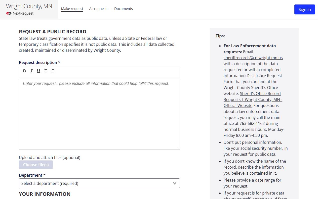 Wright County NextRequest new request form