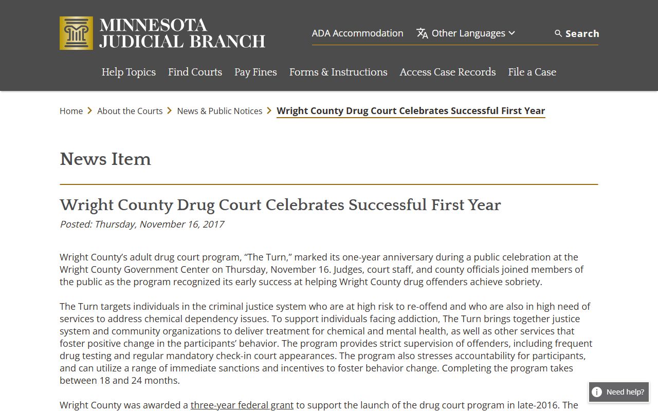 Minnesota Judicial Branch Wright County Drug Court news