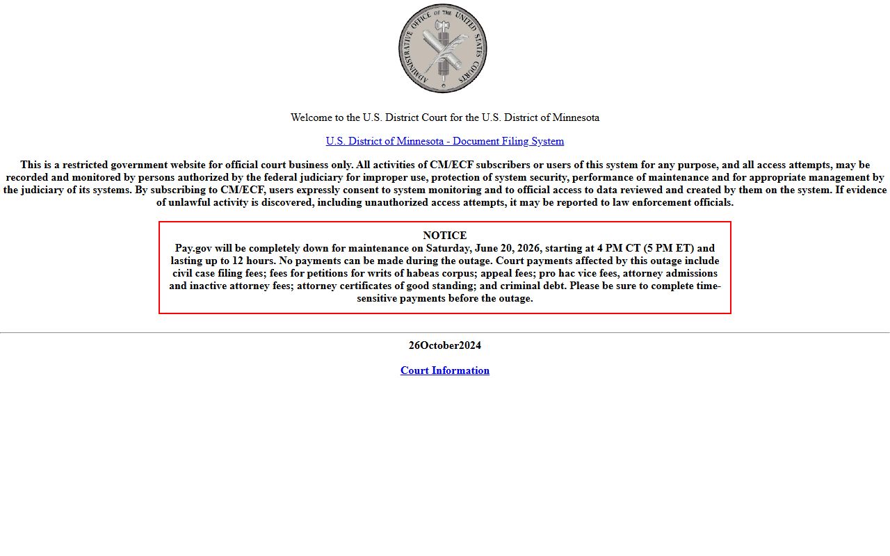 District of Minnesota CM/ECF login page