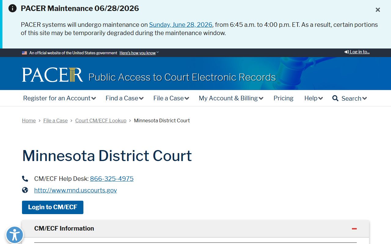 PACER Minnesota District Court lookup page