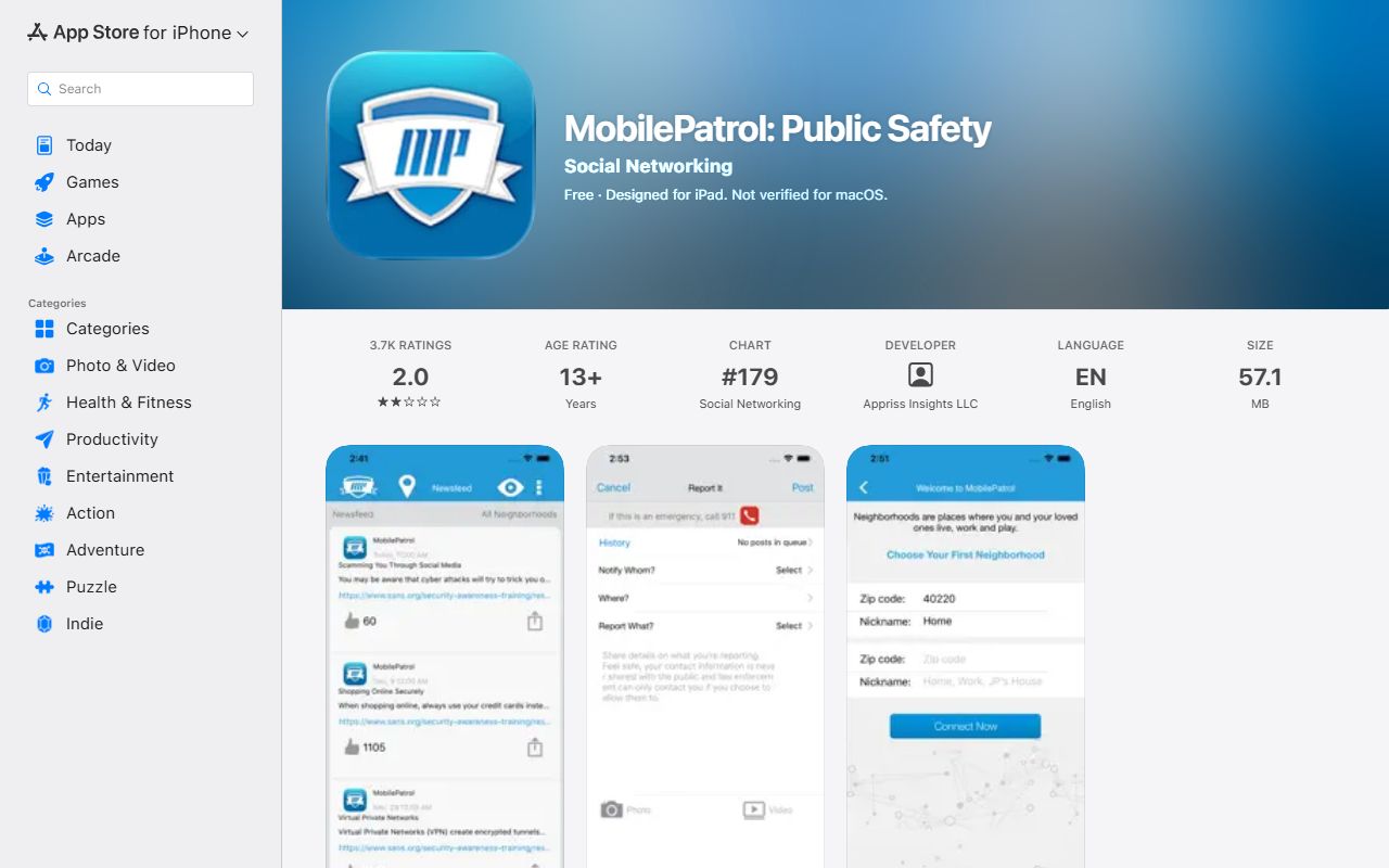 MobilePatrol iPhone app listing