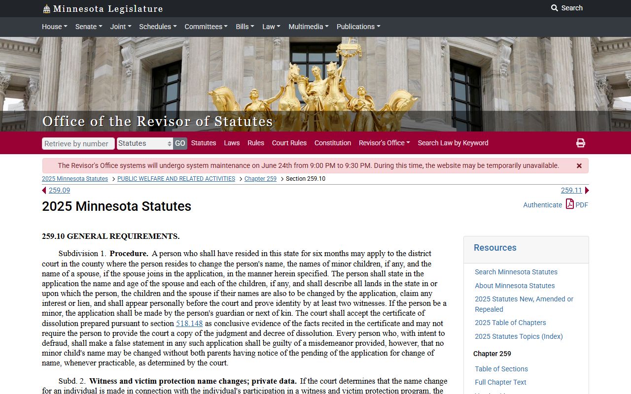 Minnesota name-change statute page