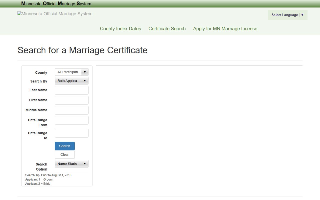 Minnesota Official Marriage System search page