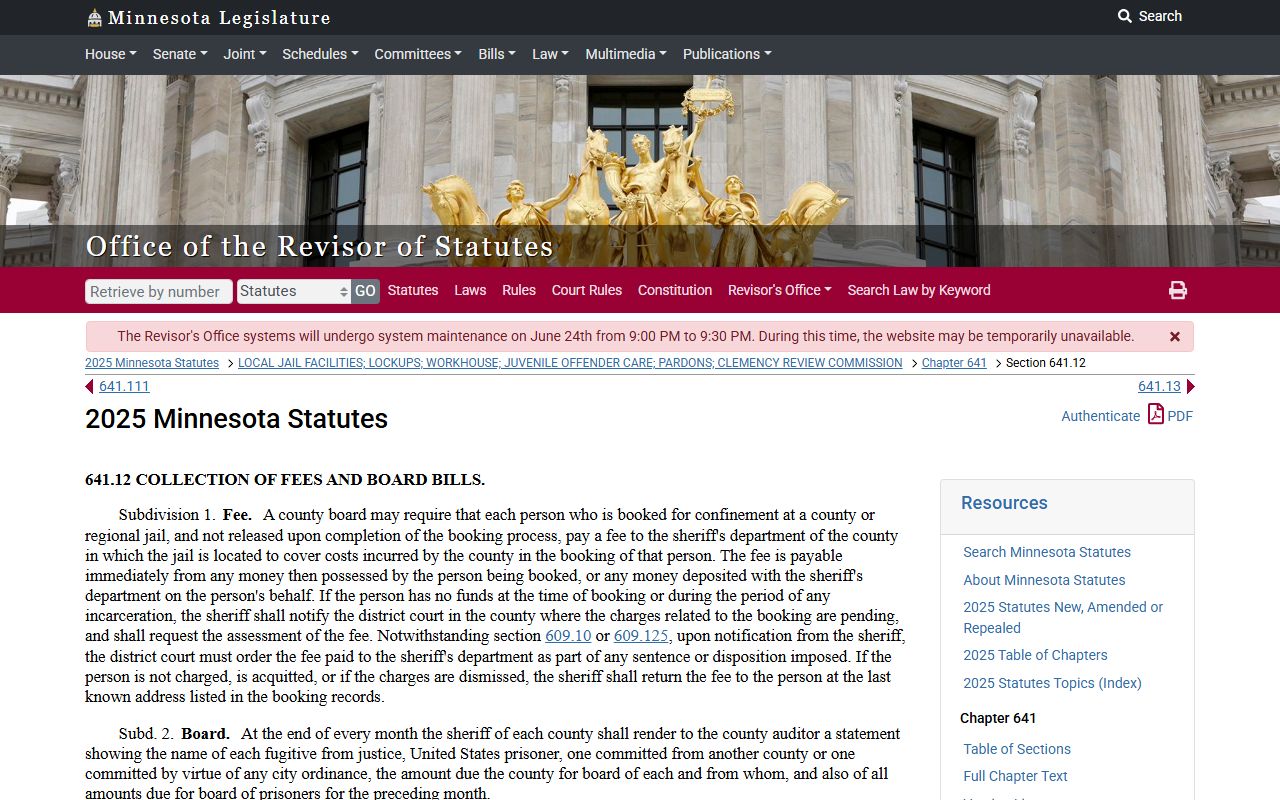 Minnesota jail fee waiver statute