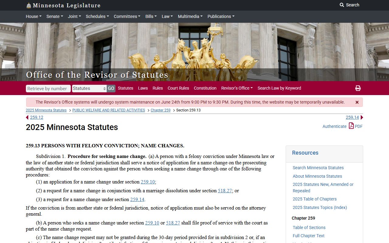 Minnesota felony name-change procedure statute