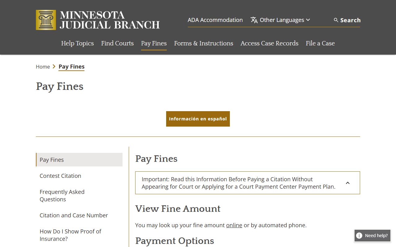 Minnesota Judicial Branch pay fines page