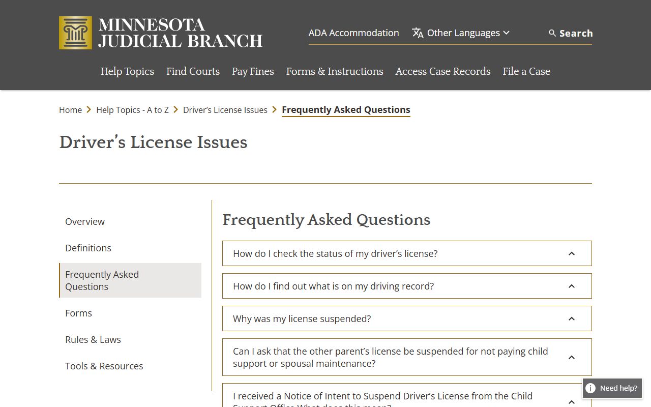 Minnesota driver license FAQ page