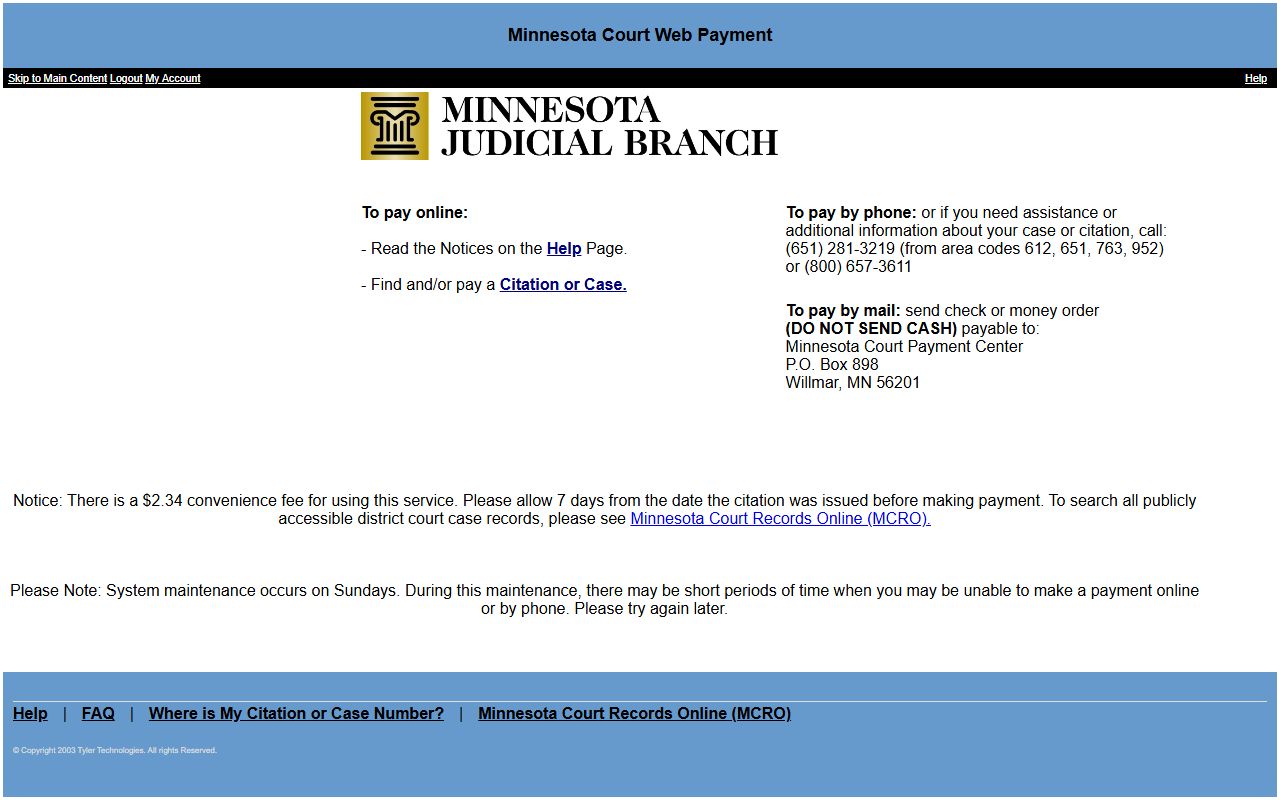 Minnesota Court Web Payment page